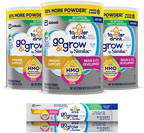Go & Grow by Similac Toddler Drink, 3 Cans, with 2’-FL HMO for Immune Support and 25 Key Nutrients to Help Balance Toddler Nutrition, Non-GMO Milk-Based Powder, 36 oz Each   2 On-The-Go Stickpacks
