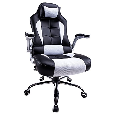 High Back Office Chair Recliner Racing Style Swivel Chair Gaming Video Game by Aminiture (Solid Black/Orange) (Black&White)