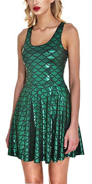 Alaroo Girls Stretchy Fish Scale Mermaid Print Flared Skater Mini Skirt S-XL