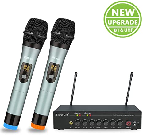 Wireless Microphone Karaoke, Echo, Treble, Bass, Bluetooth, UHF Dual Professional Dynamic Handheld Metal Mic Microfonos Inalambricos System, 160 Ft Range, Support Karaoke, Singing, Wedding, Party