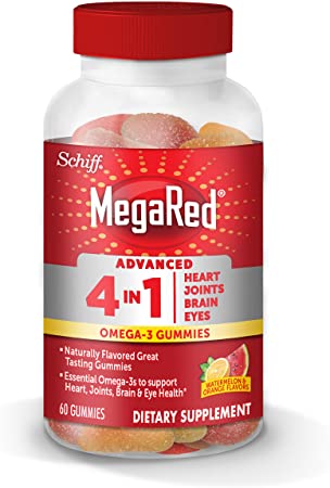 Omega-3 Advanced 4in1 Watermelon & Orange Flavored Gummies, MegaRed (60 Count in A Bottle), Omega-3s for Heart, Joints, Brain & Eye Health*, EPA, DHA, Fish Oil