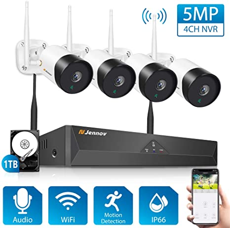 5MP Wireless Security Camera System,Jennov 5MP Wireless Security WiFi Camera System 4 CH NVR Recorder with 4 PCS Indoor/Outdoor HD IP Home CCTV Audio Surveillance Motion Detection (With 1TB HDD)