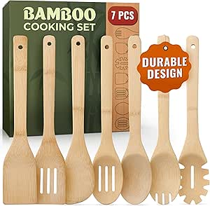 Bamboo Wooden Spoons for Cooking – 7 PCs Wooden Cooking Utensils for Nonstick Cookware – Wooden Utensil Set – Easy to Clean, Sturdy, Lightweight & Heat Resistant