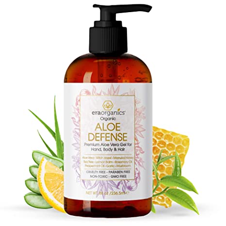 Era Organics Aloe Vera Gel Defense - Pure Aloe   7X Immune Support, Best Naturally Purifying Ingredients Witch Hazel, Tea Tree Oil, Rosemary, More- Moisturize, Soothe & Protect Damaged Skin Care 8oz