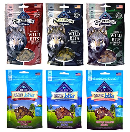 Blue Buffalo Grain-Free Dog Treats - 3 Wilderness Wild Bits Flavors & 3 Blue Bits Flavors - 4 Ounces Each (6 Total Pouches)