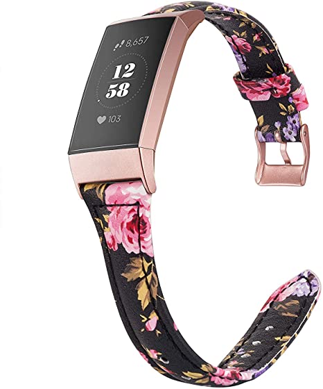 Wearlizer for Fitbit Charge 3 Strap Leather, Slim Leather Straps Replacement Wrist Band for Charge 3 with Pink/Silver Buckle