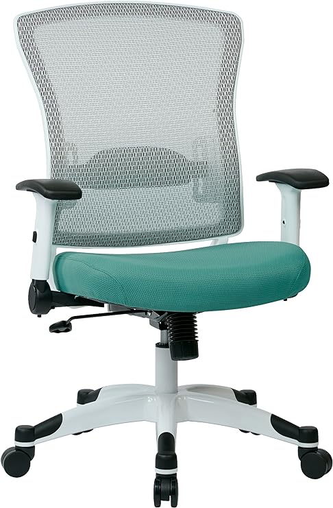 Space Seating Pulsar Breathable Mesh Back Adjustable Manager's Office Chair with 2-to-1 Synchro Tilt Control, Padded Flip Arms, and White Coated Nylon Base, Jade Fabric