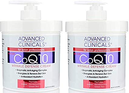 Advanced Clinicals CoQ10 Wrinkle Defense Cream w/Peptides, Honeysuckle, Green Tea. Anti-wrinkle cream moisturizes dry, aging skin for a radiant look. For face, hands, body. 16oz (Two - 16oz)