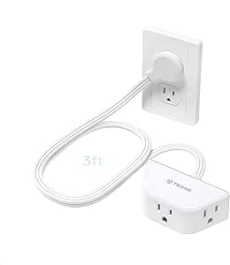 TROND Leftward Short Extension Cord 3ft - Flat Plug Power Strip 3 Prong, 3 Outlets Plug Extension, Flat Power Cord Extension for Indoor Home Office School Travel Cruise Ship Essentials, White