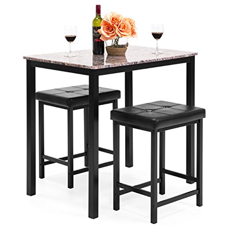 Best Choice Products Kitchen Marble Table Dining Set w/2 Counter Height Stools (Brown)