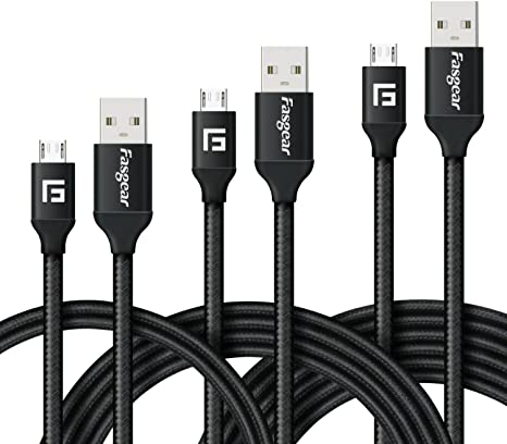 Fasgear Micro USB Cables, 3 Pack (3.3ft,6ft,10ft) Nylon Braided Fast Charging Data Android USB Cables Compatible with Galaxy Nexus HTC Nokia LG Sony OnePlus Blackberry Huawei Honor and etc. (Black)