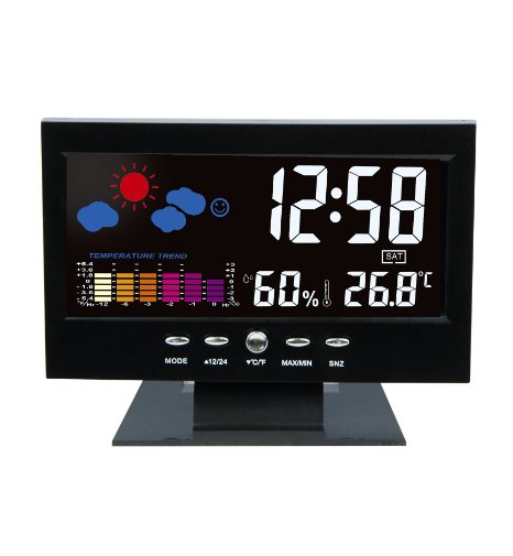 Hippih Electronic Table Clock Digital LCD Snooze Alarm Clock Bedside Desk Clock with Weather Station LED Backlight Colour Icon Indoor Temperature Humidity Day Date Time Display (Black)