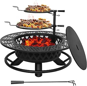 Hykolity 44.5 Inch Fire Pit with 2 Cooking Grate & Charcoal Pan, Outdoor Wood Burning BBQ Grill Firepit Bowl with Cover Lid, Steel Round Table for Backyard Bonfire Patio Picnic