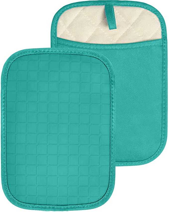 HOMWE Silicone Kitchen Pot Holders with Pockets, 2 Pc Set Trivets, Steam and Heat Resistant Hand and Countertop Protection Hot Pads, Non-Slip Grip, Terrycloth Interior Lining, Aqua Turquoise