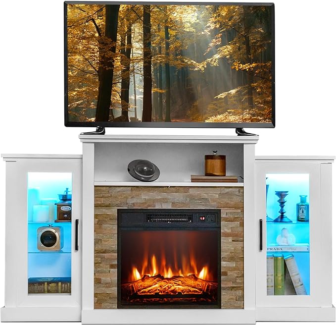 COSTWAY Electric Fireplace TV Stand for TVs Up to 65 Inches, 18-inch Fireplace Insert with APP Control, Remote Control, 16 Color Lights, Wooden Entertainment Center with Adjustable Shelves, White