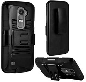 LG K7 Tribute 5 Case, Bastex Hybrid Heavy Duty Protection Black Rubber Silicone Cover Hard Plastic Black Kickstand Case with Holster Clip for LG K7 Tribute 5