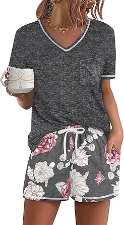 Ekouaer Women's Pajamas Sets Short Sleeve Lounge Sets Sleepwear Casual Two Piece Pjs With Pockets