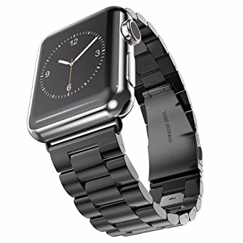 Apple Watch Band 42mm Stainless Steel Wristband Metal Buckle Clasp iWatch Strap Replacement Bracelet for Apple Watch Series 3/2/1 Sports Edition 42mm Black (Black, 42MM)