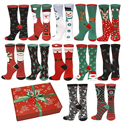 12 Pair,Holiday X-Mas Socks, 12 Different Designs,Christmas Gift, Size 9-11