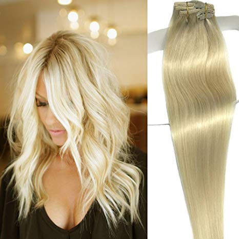 Labetti Clip In Hair Extensions Real Human Hair Extensions 7 Pieces 70g Platinum Blonde Silky Straight Weft Remy Hair (20 inches, #60)