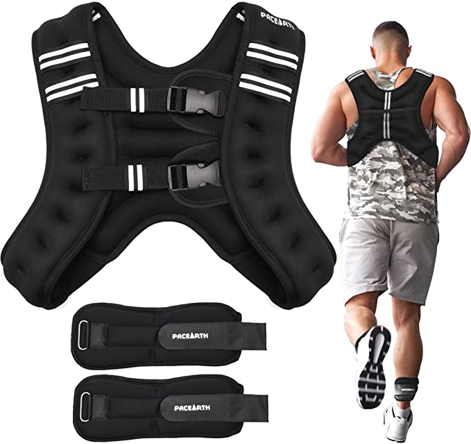 PACEARTH Weighted Vest Plus Size with Ankle/Wrist Weights 6lbs-30lbs Adjustable Body Weight Vest with Reflective Stripe Workout Equipment for Strength Training, Walking, Running for Men Women