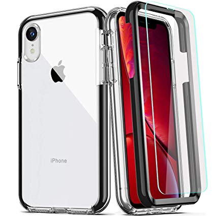COOLQO Compatible for iPhone XR Case, Clear 360 Full Body Coverage Hard PC Soft Silicone TPU 3in1 Shockproof Phone Cover Certified Military Protective with [2 x Tempered Glass Screen Protector]-Black