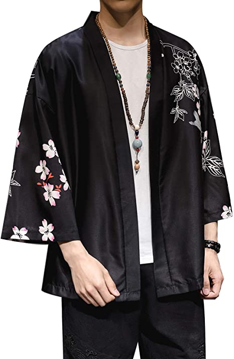 PRIJOUHE Men's Kimono Cardigan Jacket Japanese Style Flying Crane Seven Sleeves Open Front Coat