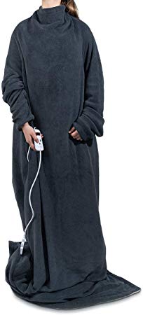 Navaris Electric Blanket with Sleeves - Adult Heated Wearable Soft Plush Fleece Throw with Adjustable Heat and Auto Shut Off Timer - Dark Blue/Cream