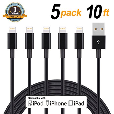 iPhone Charger, Sundix Extra Long Lightning Cable, 8 Pin Lightning to USB Cable Cord Compatible with iPhone 7/7 Plus/6s/6s Plus/6/6 Plus/5s/5c/5/SE, iPad/iPod (5Pack 10FT Black)