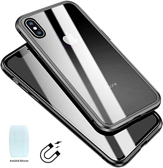 Glass iPhone Xs Max Case, Slim Magnetic Adsorption Installation Aluminum LIGHTDESIRE with Double Screen Protector 6.5 Inch (Transparent Black)