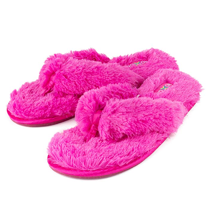 Roxoni Fuzzy House Slippers for Women – Comfortable Furry Spa Thongs – Cozy Slip On Flip Flops - Soft Insole & Rubber Outsole