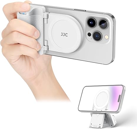 JJC Magnetic Phone Camera Grip Handle with Wireless Shutter Remote, Magsafe Camera Handle Bluetooth Bracket for iPhone Android Smartphone with 1/4” Tripod Screw for Video Photo Shooting (White)