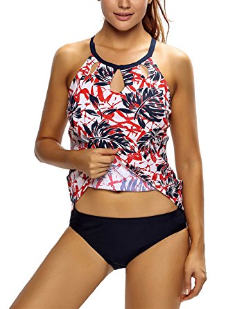 Astylish Womens Leaf Print Cutout High Neck Swimsuits Tankini Swim Tops Swimwear