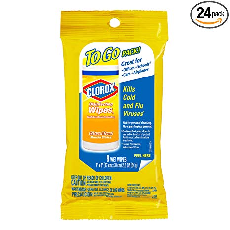 Clorox Disinfecting Wipes On The Go, Bleach Free Travel Wipes - Citrus Blend, 9 Count (Pack of 24)