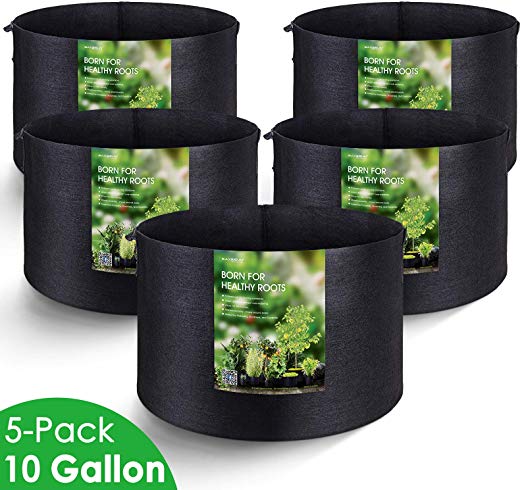 MAXSISUN 5-Pack 10 Gallon Plant Grow Bags, Heavy Duty Thickened Non-Woven Aeration Fabric Pots Container with Reinforced Handles for Gardening
