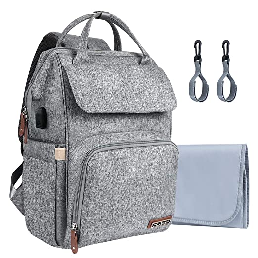 MCGMITT Diaper Bag Backpack, Large Capacity Waterproof Baby Nappy Bag with Changing Nursing Pad, Mommy Maternity Bag with USB Charging Port for Travel for Mom Dad Men Women Boys Girls (Grey)