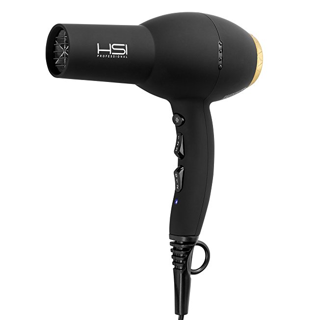 HSI Professional Hair Dryer D-5500 | Lightweight Ionic Dryer for Fast Drying & Less Damage with 3 Heat Settings, 2 Airflow Nozzles, Turbo Motor & Infrared Technology to Lock in Moisture | Black