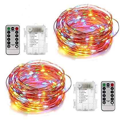 YIHONG 2 Set Fairy String Lights Battery Operated Twinkle Lights Waterproof 8 Modes 33FT 100 LEDs Firefly Lights Copper String Lights Remote Timer for Party Festival Garden Bedroom Decor-Multi Color