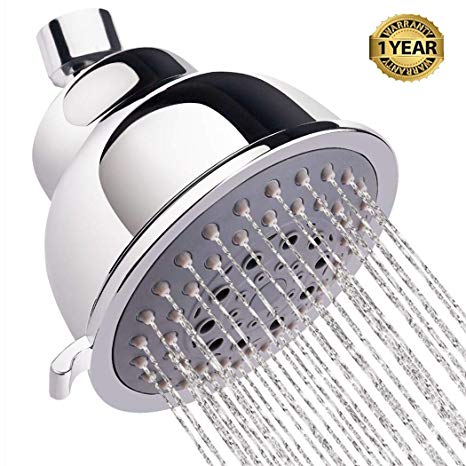 Shower Head High Pressure, 4 Inch Anti-leak Anti-clog 5 Function Chrome Showerhead, Rain Shower Head With Adjustable Metal Swivel Ball-Ultimate Shower Experience Even at Low Pressure and Water Flow