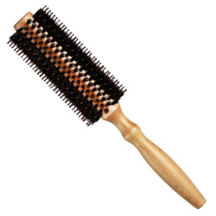 SUPRENT Natural Boar Bristle Round Hair Brush with Ergonomic Natural Wood Handle, 2 Inch, for Hair Drying, Styling, Curling, Adding Hair Volume, Burly Wood, Elegant Appearance, Pale Yellow