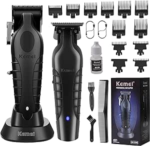 KEMEI Professional Hair Clipper and Hair Trimmer for Men, Cord/Cordless Hair Cutting Kits, Zero Gapped Beard Trimmers, T Blade Barber Clippers with USB Rechargeable, KM-2299, KM-2296