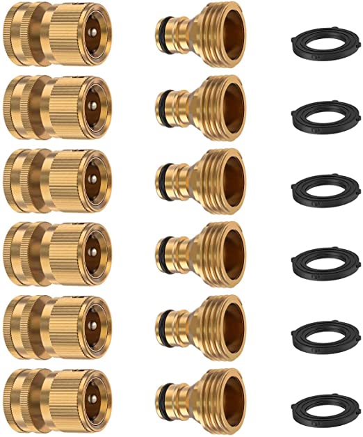FINEST  Garden Hose Quick Connector, Solid Brass 3/4 Inch Thread Fitting No-Leak Water Hose Female and Male Easy Connect (6 Sets)