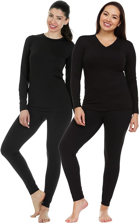 Thermajane 2 Pack Women's Thermal Underwear Set - Crew Neck & V-Neck (Small)