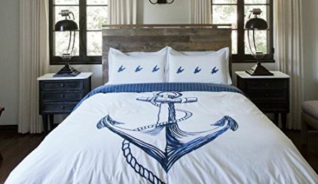Luxurious, Long-Staple 100% Cotton Percale - Complete set of Blue and White Embroidered Anchor Nautical King/California King Duvet Cover with Pillow Sham(s) - Masculine Bedding for Men