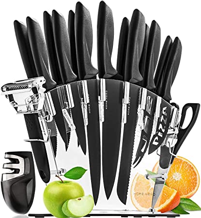 Kitchen Knife Sets with Block - 17 Pcs Stainless Steel Kitchen Knives Set Knife Block Set with Knives - Chef Knife Set with Sharpener - 6 Steak Knives Peeler Scissors Cheese Pizza Knife Acrylic Stand