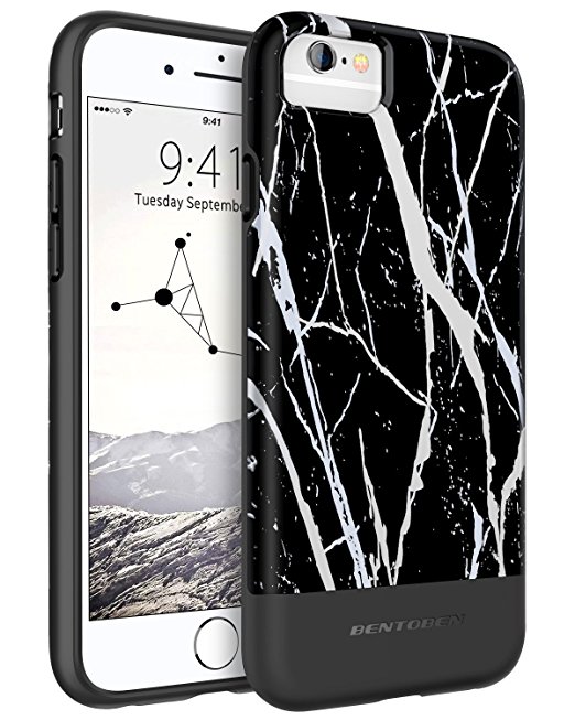 iPhone 6 Case, iPhone 6S Case Marble, BENTOBEN Black Marble Shiny Sliver Slim Shock Resistant Shockproof Soft TPU Rubber Hybrid Hard PC Protective Glossy Phone Case for iPhone 6 / 6S ,Black Marble