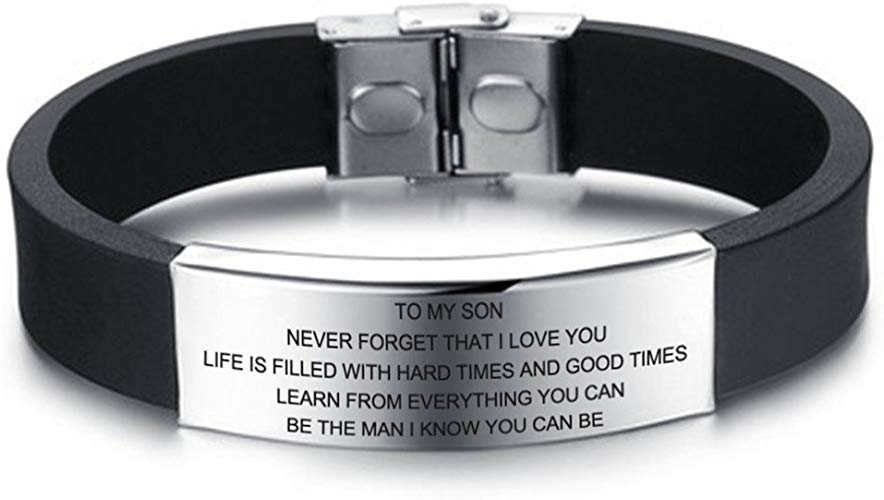 LF 316L Stainless Steel Free Engraving Name Date Personalized Customized to My Son Bracelet Black Silicone Inspiration Cuff Bracelets for Son for Birthday Christmas Gift from Dad Mom