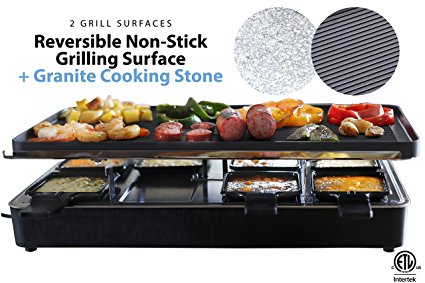 Milliard Raclette Grill for Eight People, Includes Granite Cooking Stone, Reversible Non-Stick Grilling Surface, 8 Paddles and Spatulas - Great for a Family Get Together or Party