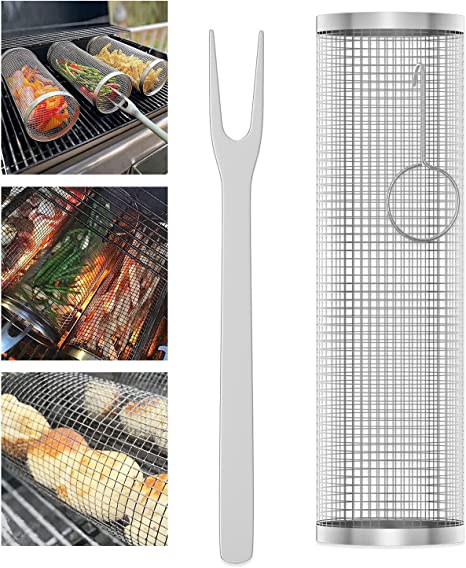 BBQ Net Tube, Rolling Grill Basket, Stainless Steel Wire Mesh Cylinder Grilling Basket for Vegetables, French Fries, Fish, Versatile Round Grill