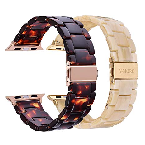 V-Moro Compatible iWatch Bands 38mm 40mm Women - 2 Pack Fashion Resin iWatch Band Bracelet Metal Stainless Steel Gold Buckle for Apple iWatch Series 4 Series 3 Series 2 (Tortoise Light Cream, 38mm)